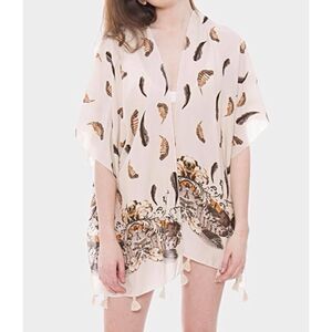 New Boutique Womens Feathers & Tassels Airy Boho Poncho Kimono - Sz One Size